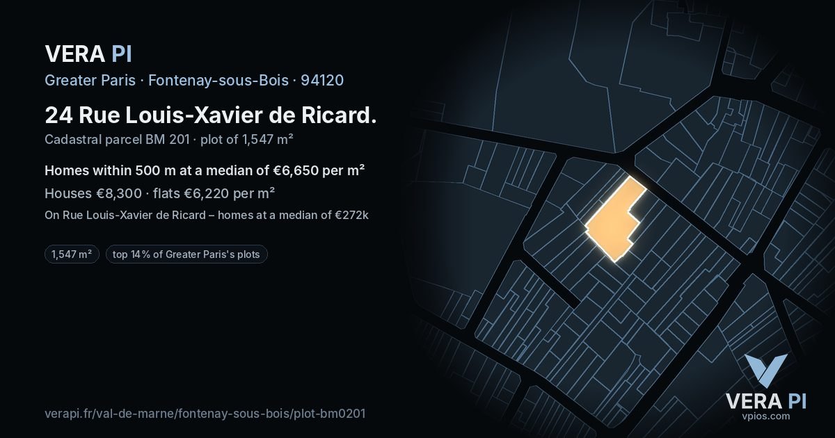 24 Rue Louis-Xavier de Ricard, Fontenay-sous-Bois at night – the plot lit, the parcels around coloured by the prices near them