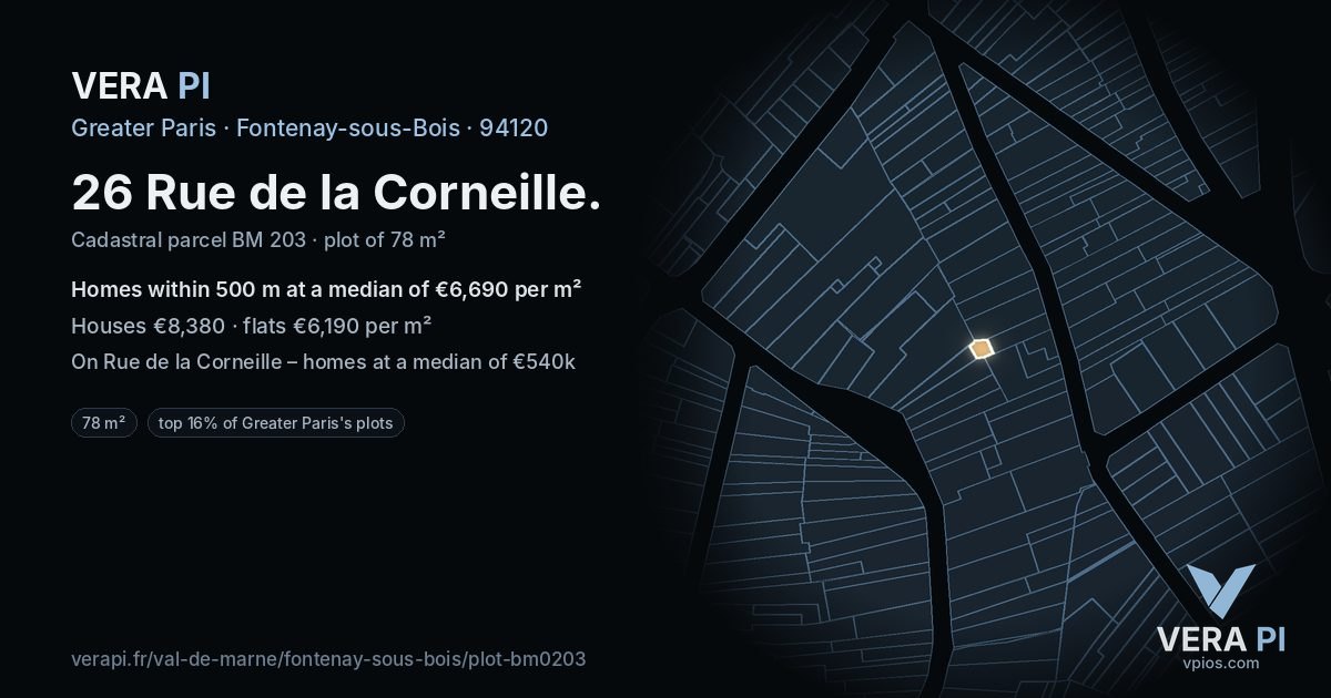 26 Rue de la Corneille, Fontenay-sous-Bois at night – the plot lit, the parcels around coloured by the prices near them