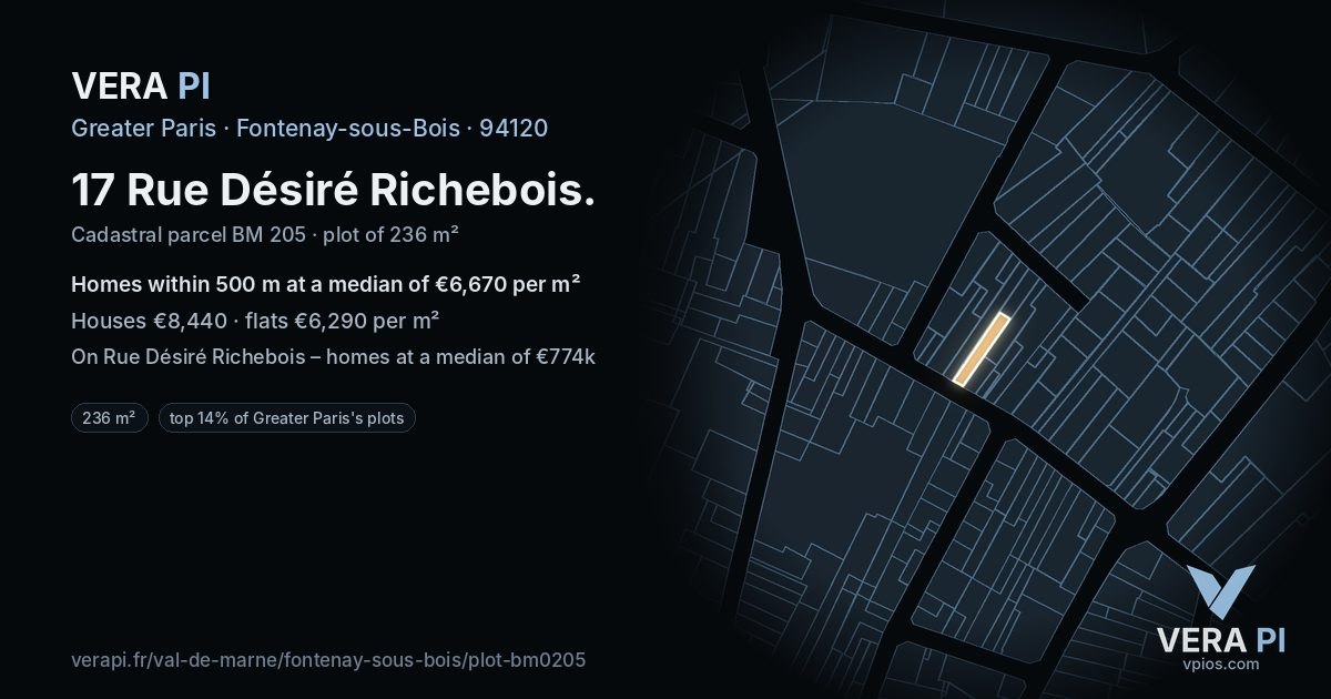 17 Rue Désiré Richebois, Fontenay-sous-Bois at night – the plot lit, the parcels around coloured by the prices near them