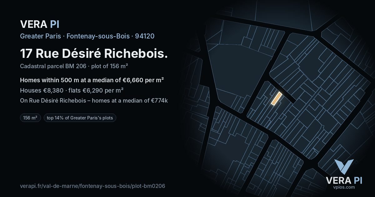 17 Rue Désiré Richebois, Fontenay-sous-Bois at night – the plot lit, the parcels around coloured by the prices near them