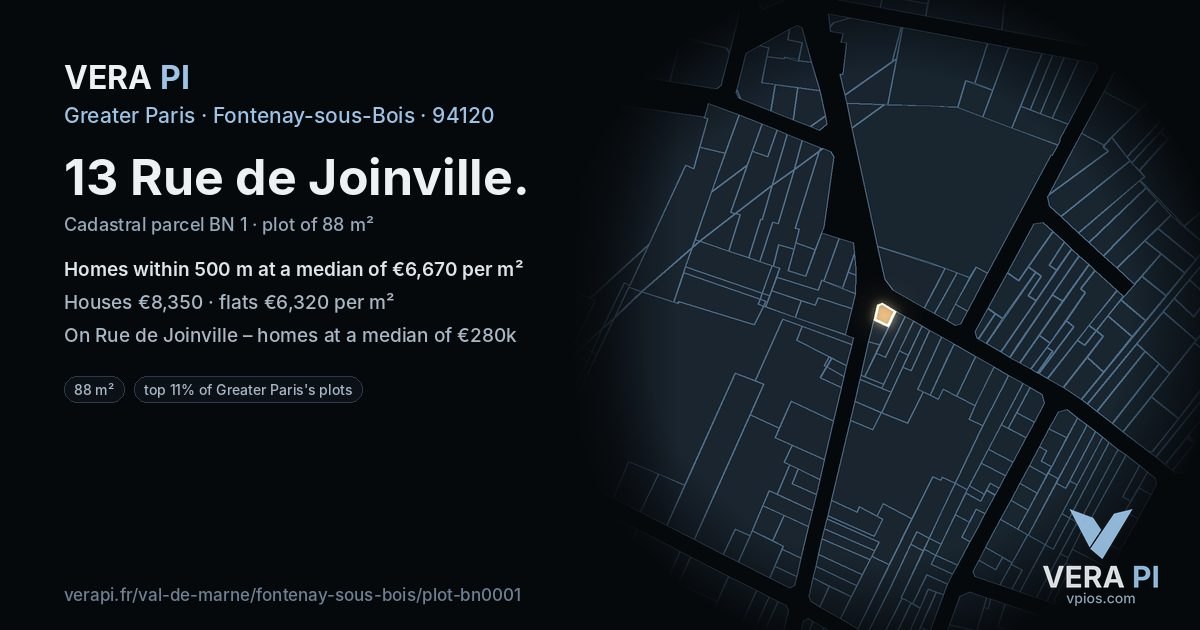 13 Rue de Joinville, Fontenay-sous-Bois at night – the plot lit, the parcels around coloured by the prices near them
