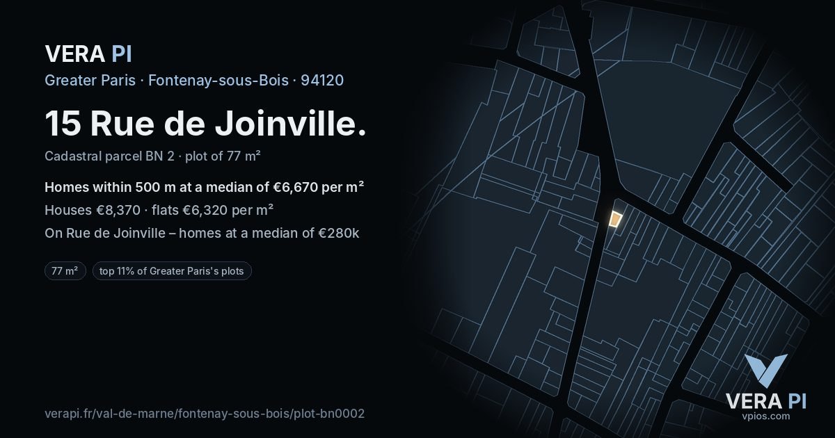 15 Rue de Joinville, Fontenay-sous-Bois at night – the plot lit, the parcels around coloured by the prices near them
