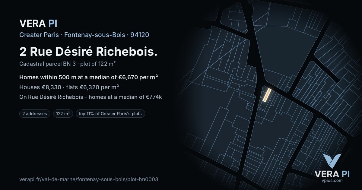 2 Rue Désiré Richebois, Fontenay-sous-Bois at night – the plot lit, the parcels around coloured by the prices near them