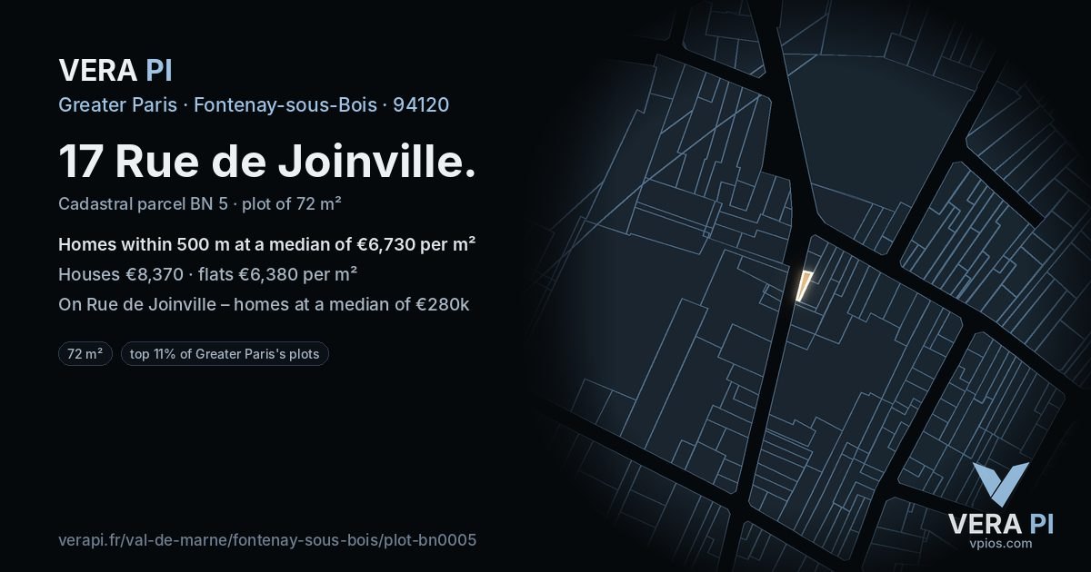 17 Rue de Joinville, Fontenay-sous-Bois at night – the plot lit, the parcels around coloured by the prices near them