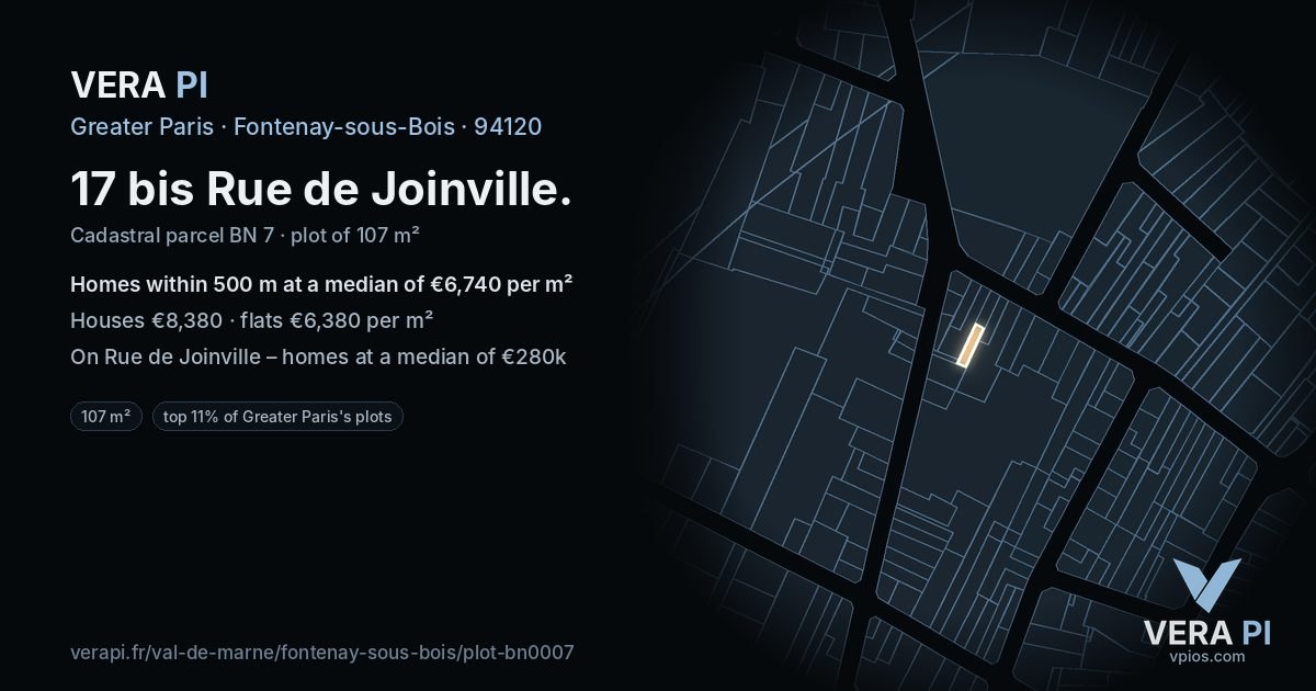 17 bis Rue de Joinville, Fontenay-sous-Bois at night – the plot lit, the parcels around coloured by the prices near them