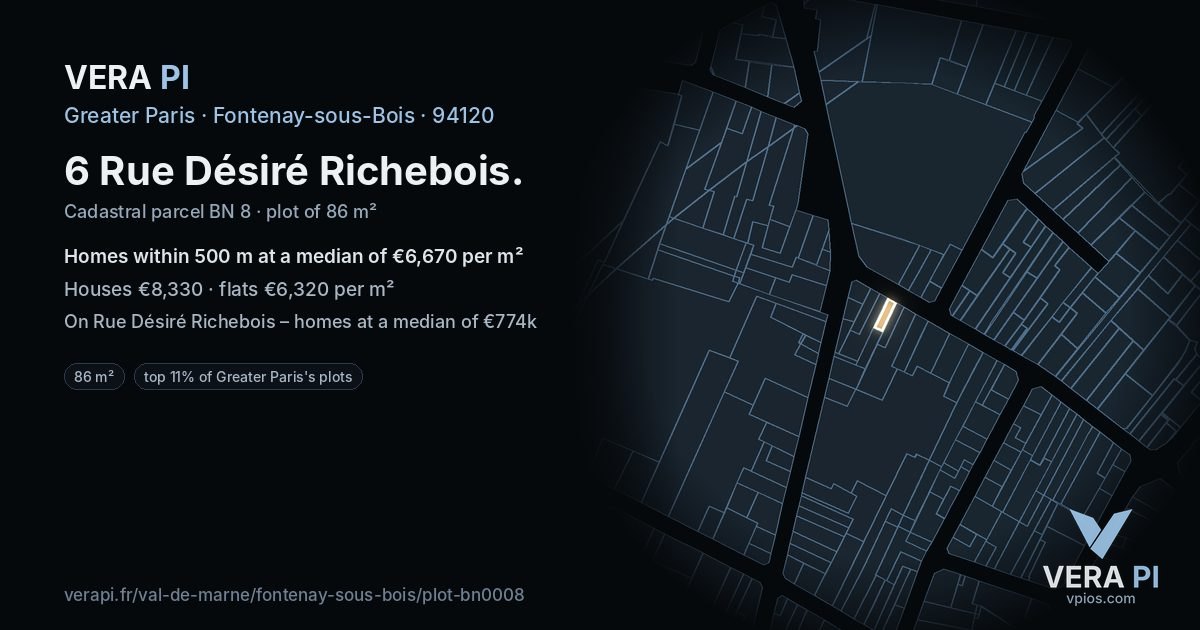 6 Rue Désiré Richebois, Fontenay-sous-Bois at night – the plot lit, the parcels around coloured by the prices near them