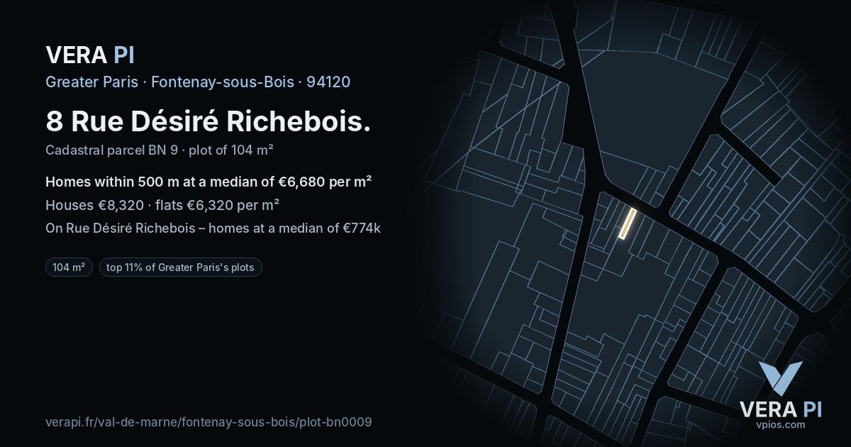 8 Rue Désiré Richebois, Fontenay-sous-Bois at night – the plot lit, the parcels around coloured by the prices near them