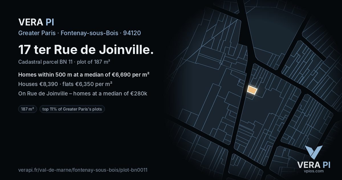 17 ter Rue de Joinville, Fontenay-sous-Bois at night – the plot lit, the parcels around coloured by the prices near them