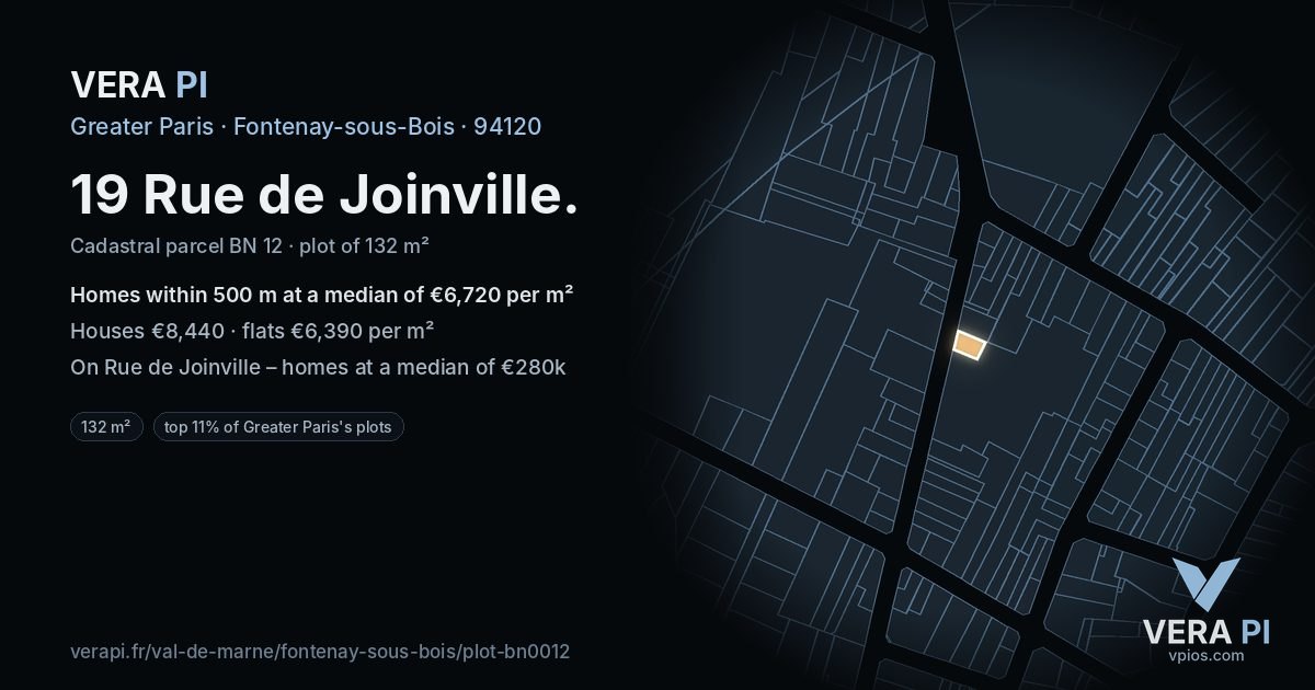19 Rue de Joinville, Fontenay-sous-Bois at night – the plot lit, the parcels around coloured by the prices near them
