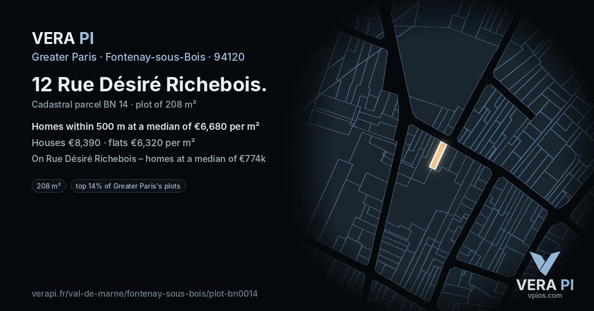 12 Rue Désiré Richebois, Fontenay-sous-Bois at night – the plot lit, the parcels around coloured by the prices near them
