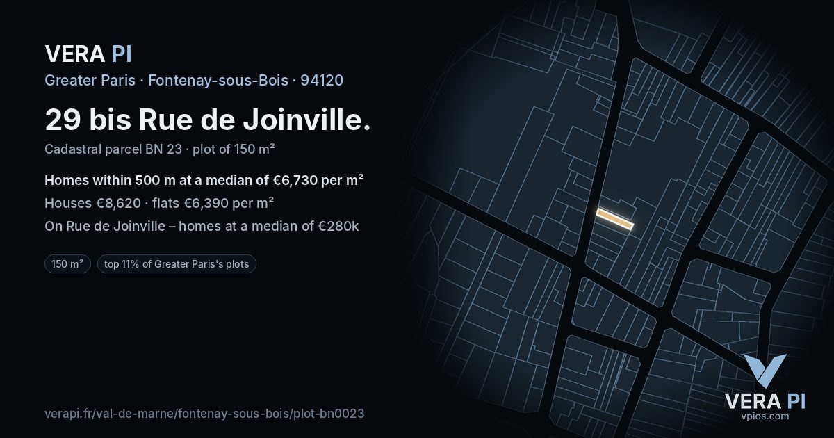 29 bis Rue de Joinville, Fontenay-sous-Bois at night – the plot lit, the parcels around coloured by the prices near them