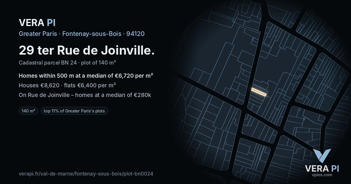 29 ter Rue de Joinville, Fontenay-sous-Bois at night – the plot lit, the parcels around coloured by the prices near them