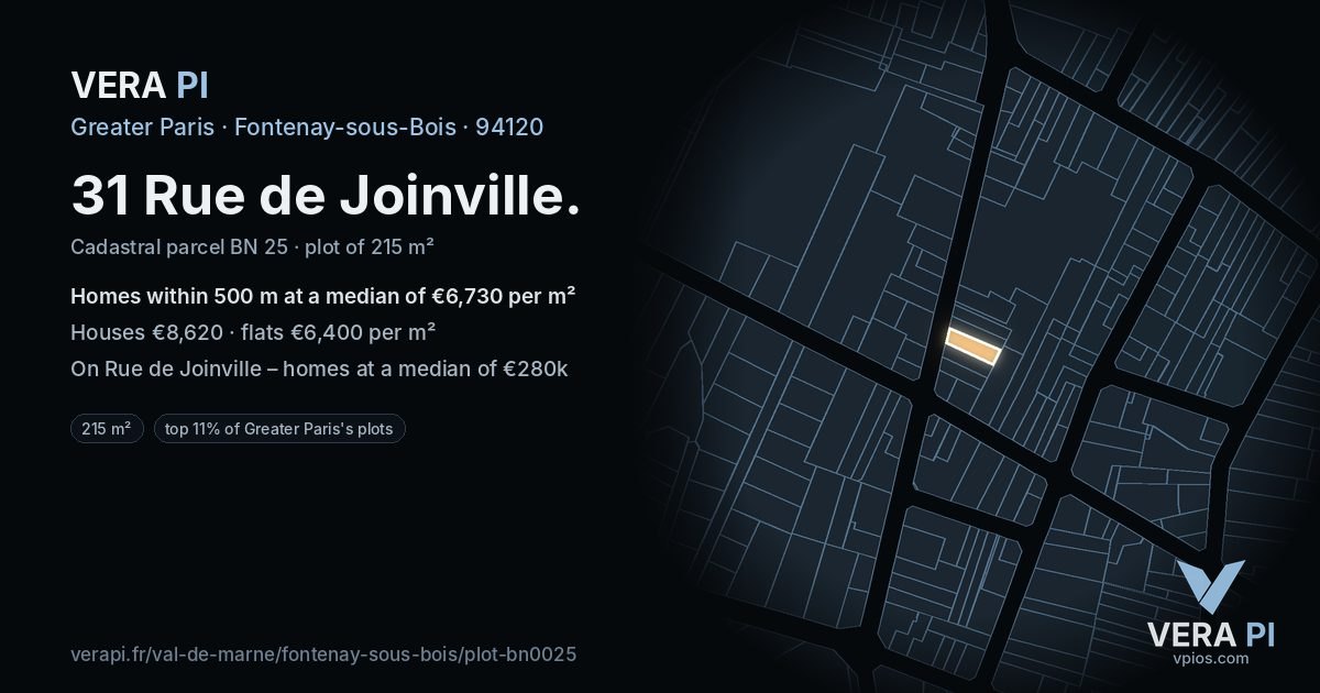 31 Rue de Joinville, Fontenay-sous-Bois at night – the plot lit, the parcels around coloured by the prices near them