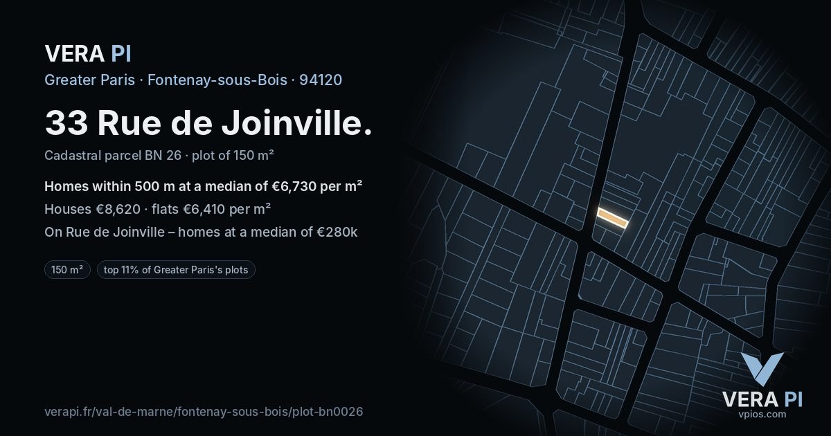 33 Rue de Joinville, Fontenay-sous-Bois at night – the plot lit, the parcels around coloured by the prices near them