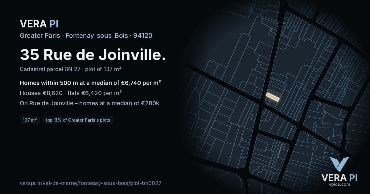 35 Rue de Joinville, Fontenay-sous-Bois at night – the plot lit, the parcels around coloured by the prices near them