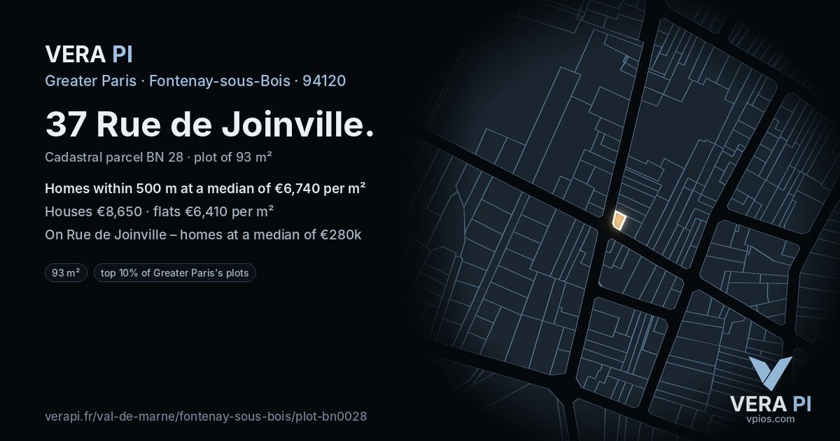 37 Rue de Joinville, Fontenay-sous-Bois at night – the plot lit, the parcels around coloured by the prices near them