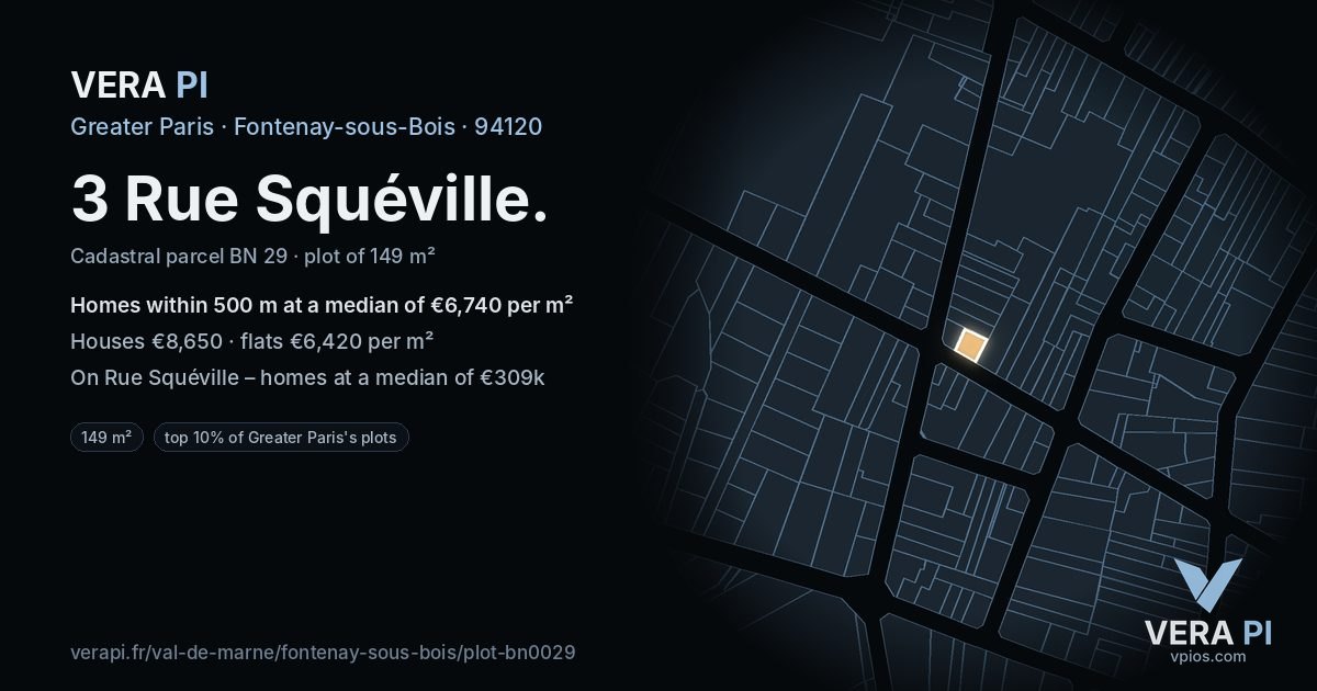 3 Rue Squéville, Fontenay-sous-Bois at night – the plot lit, the parcels around coloured by the prices near them