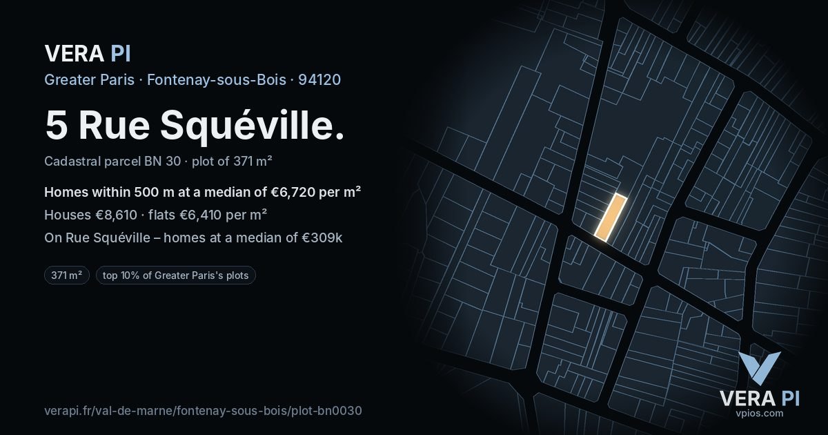 5 Rue Squéville, Fontenay-sous-Bois at night – the plot lit, the parcels around coloured by the prices near them