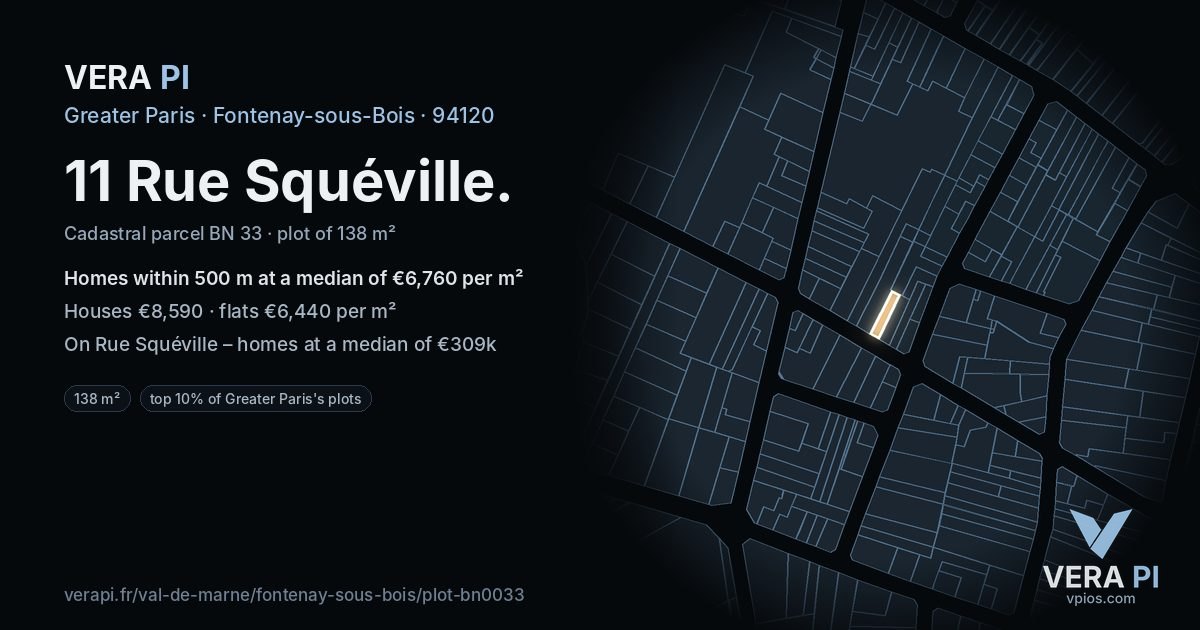 11 Rue Squéville, Fontenay-sous-Bois at night – the plot lit, the parcels around coloured by the prices near them