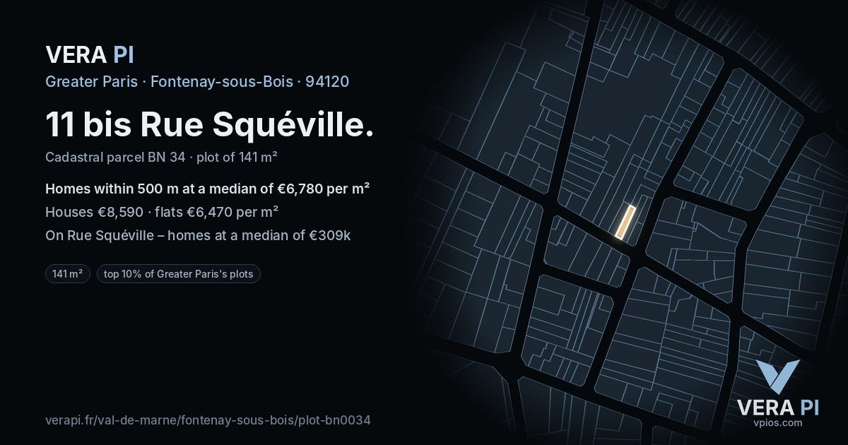 11 bis Rue Squéville, Fontenay-sous-Bois at night – the plot lit, the parcels around coloured by the prices near them