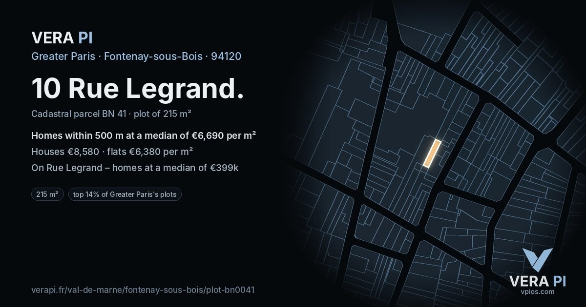 10 Rue Legrand, Fontenay-sous-Bois at night – the plot lit, the parcels around coloured by the prices near them