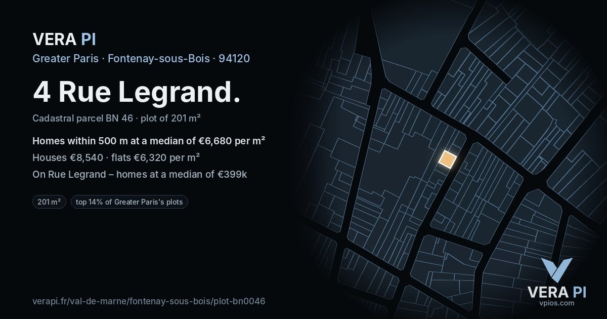 4 Rue Legrand, Fontenay-sous-Bois at night – the plot lit, the parcels around coloured by the prices near them