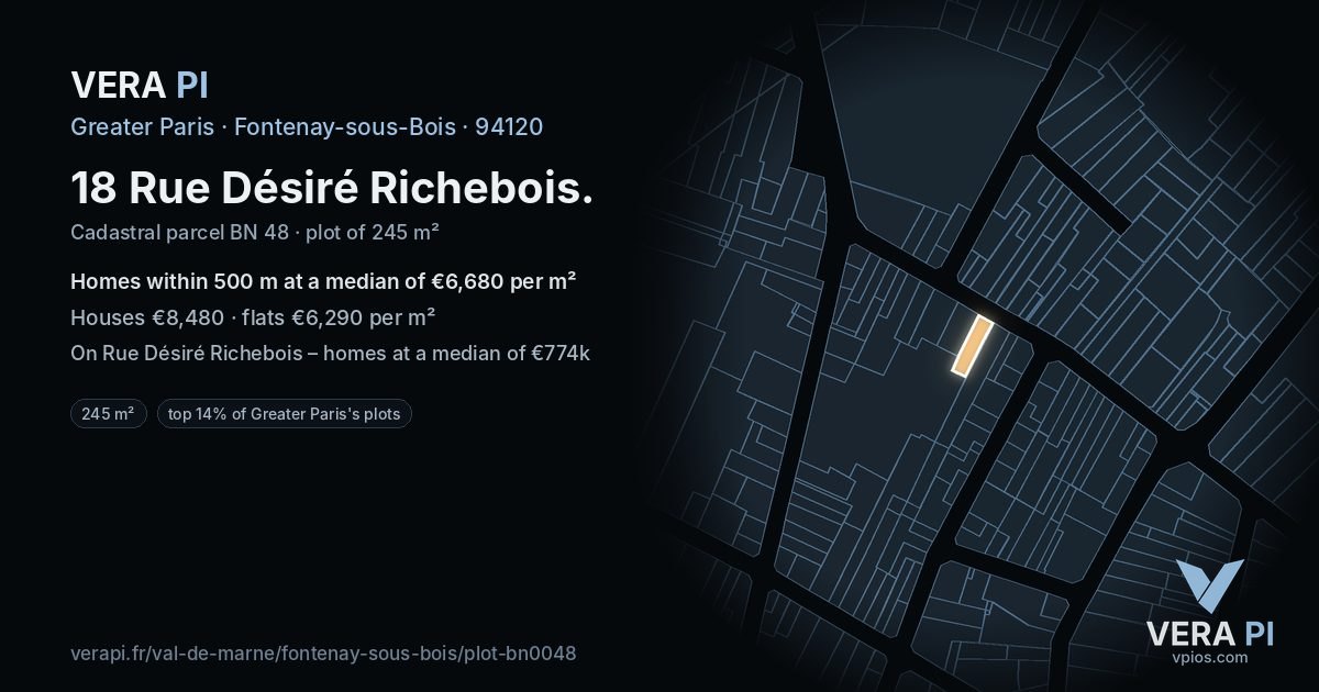 18 Rue Désiré Richebois, Fontenay-sous-Bois at night – the plot lit, the parcels around coloured by the prices near them