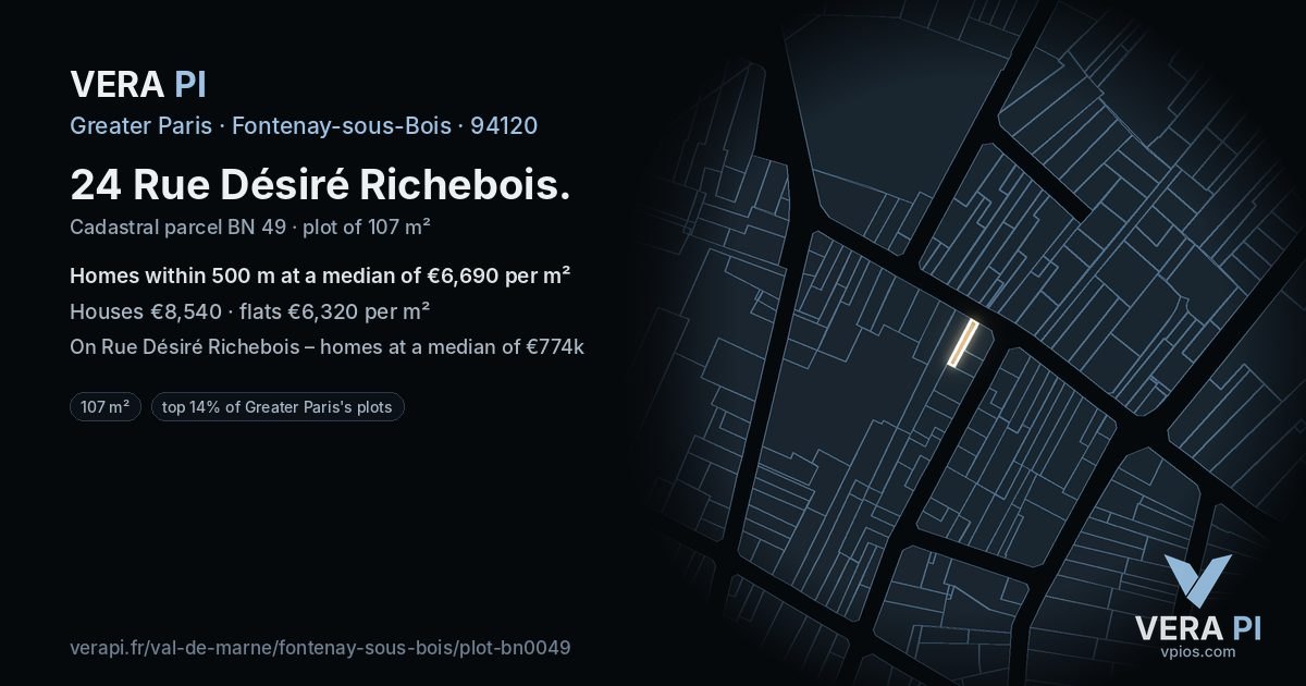 24 Rue Désiré Richebois, Fontenay-sous-Bois at night – the plot lit, the parcels around coloured by the prices near them