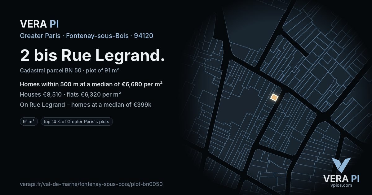 2 bis Rue Legrand, Fontenay-sous-Bois at night – the plot lit, the parcels around coloured by the prices near them