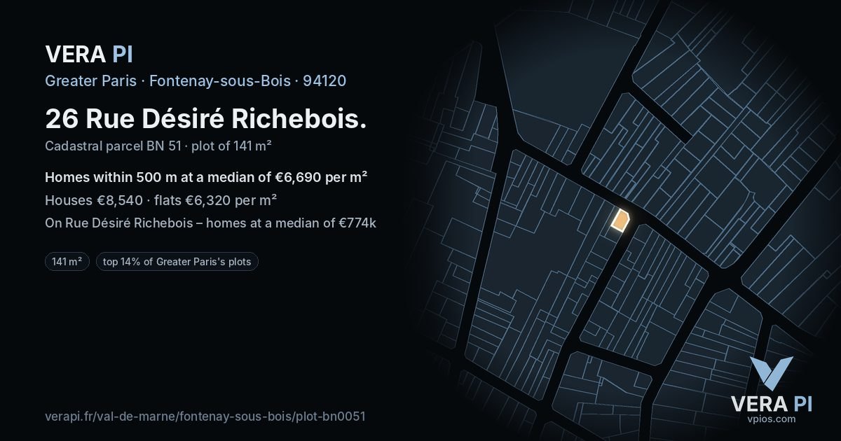26 Rue Désiré Richebois, Fontenay-sous-Bois at night – the plot lit, the parcels around coloured by the prices near them
