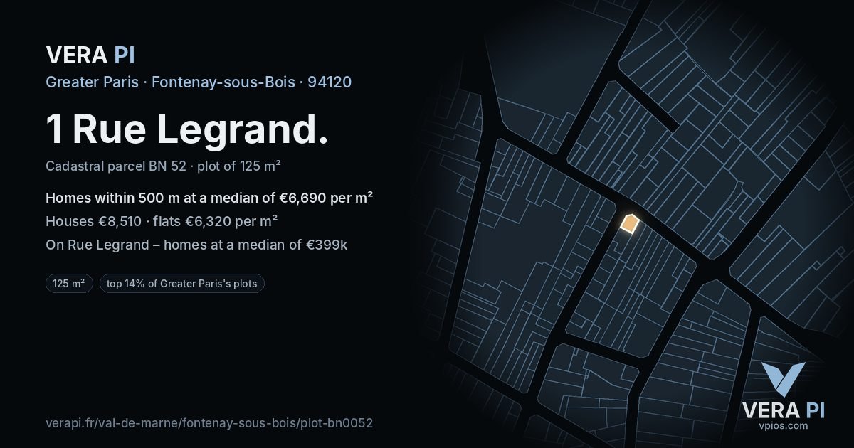 1 Rue Legrand, Fontenay-sous-Bois at night – the plot lit, the parcels around coloured by the prices near them
