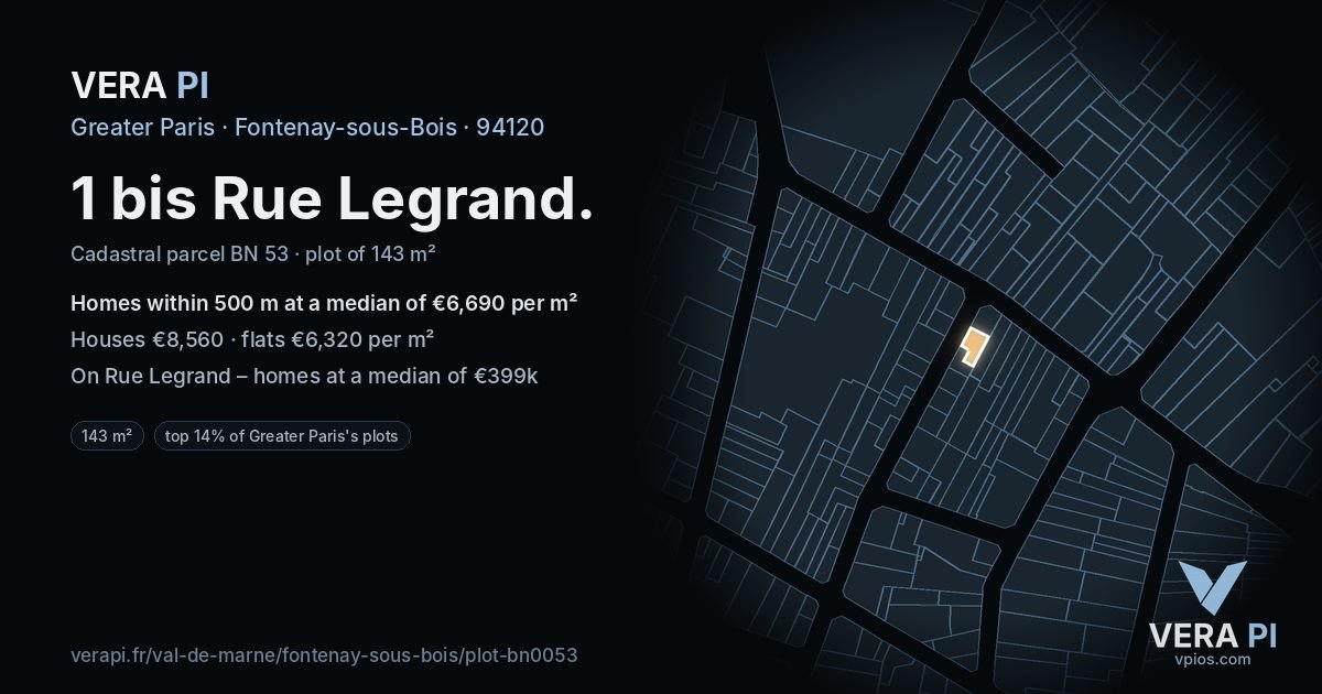 1 bis Rue Legrand, Fontenay-sous-Bois at night – the plot lit, the parcels around coloured by the prices near them
