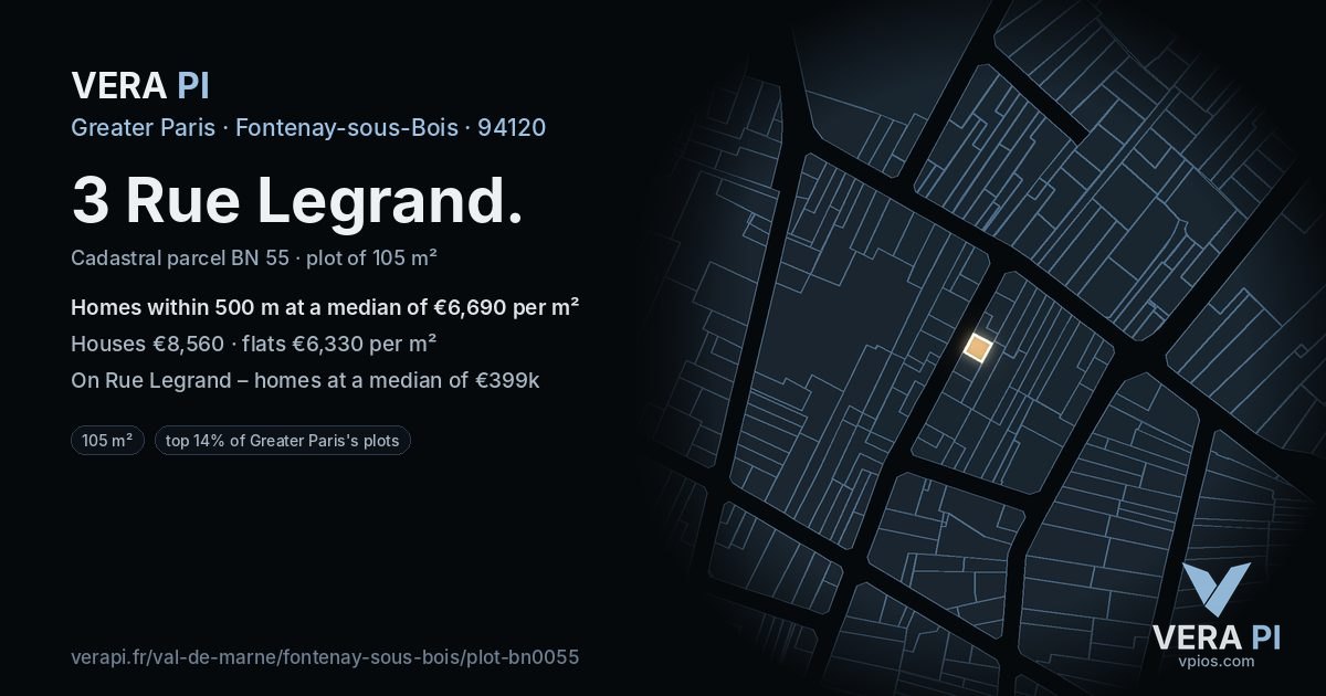 3 Rue Legrand, Fontenay-sous-Bois at night – the plot lit, the parcels around coloured by the prices near them