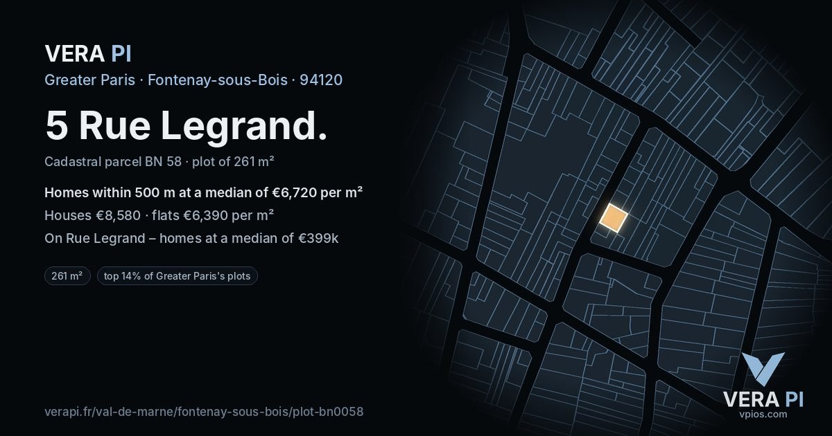 5 Rue Legrand, Fontenay-sous-Bois at night – the plot lit, the parcels around coloured by the prices near them