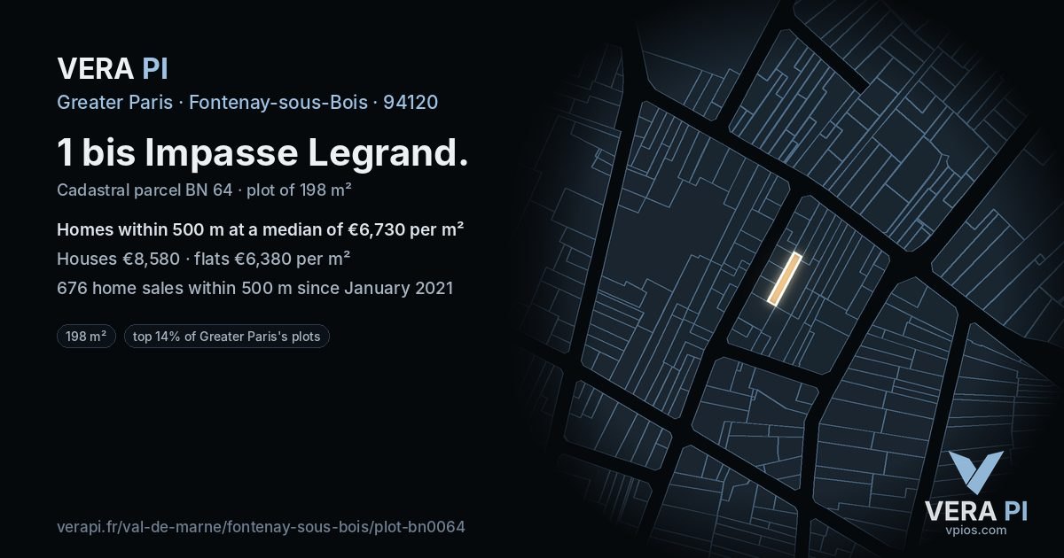 1 bis Impasse Legrand, Fontenay-sous-Bois at night – the plot lit, the parcels around coloured by the prices near them