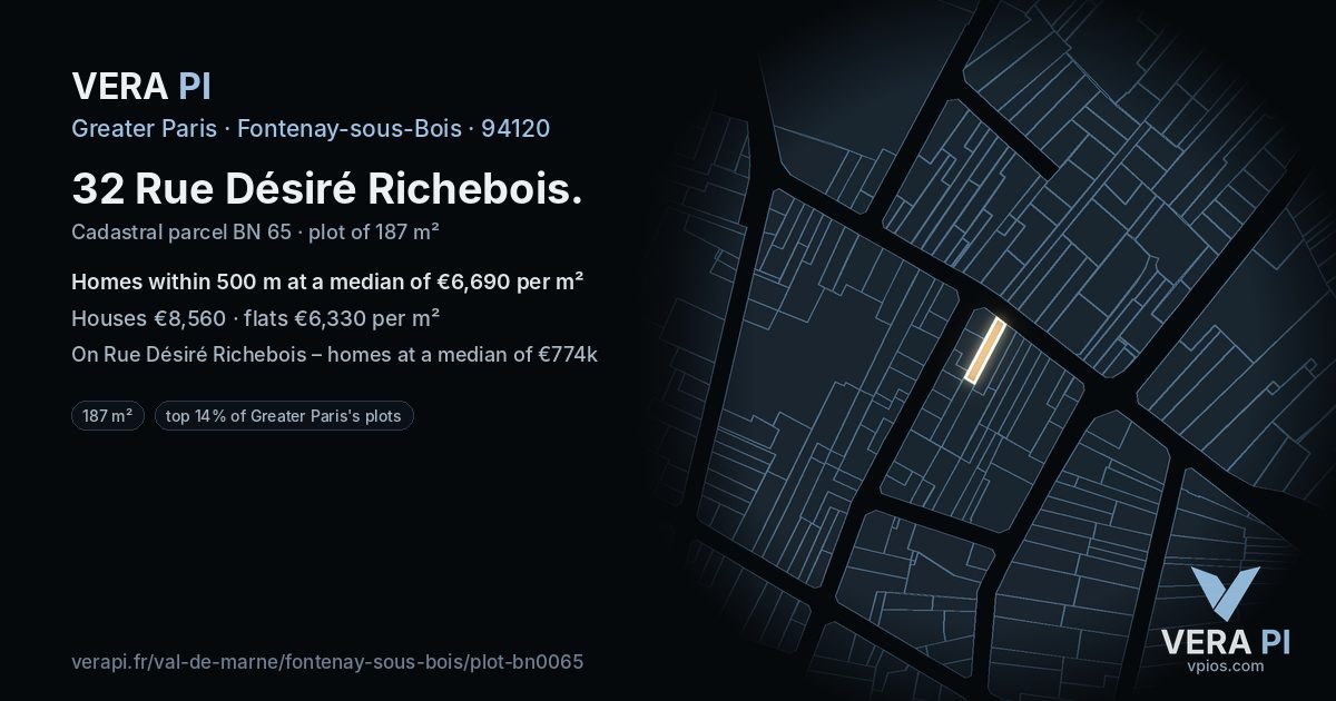 32 Rue Désiré Richebois, Fontenay-sous-Bois at night – the plot lit, the parcels around coloured by the prices near them