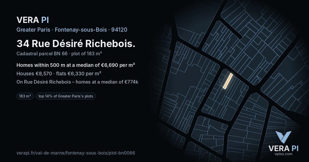 34 Rue Désiré Richebois, Fontenay-sous-Bois at night – the plot lit, the parcels around coloured by the prices near them