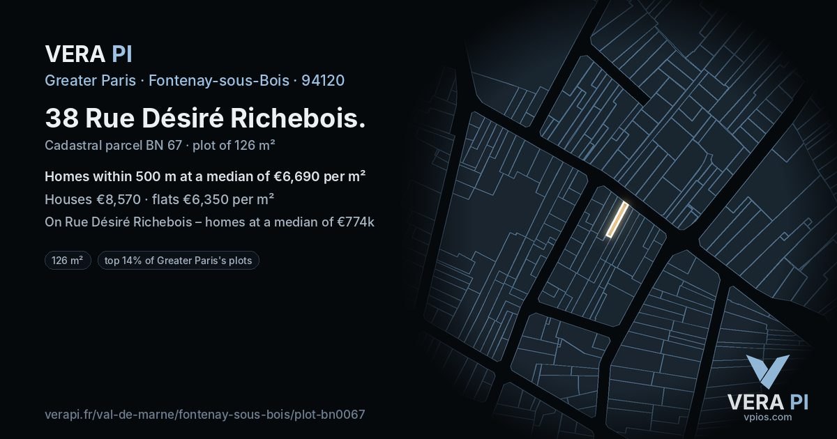 38 Rue Désiré Richebois, Fontenay-sous-Bois at night – the plot lit, the parcels around coloured by the prices near them