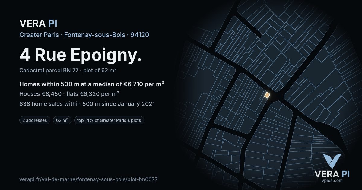 4 Rue Epoigny, Fontenay-sous-Bois at night – the plot lit, the parcels around coloured by the prices near them