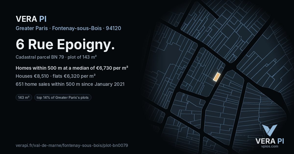 6 Rue Epoigny, Fontenay-sous-Bois at night – the plot lit, the parcels around coloured by the prices near them
