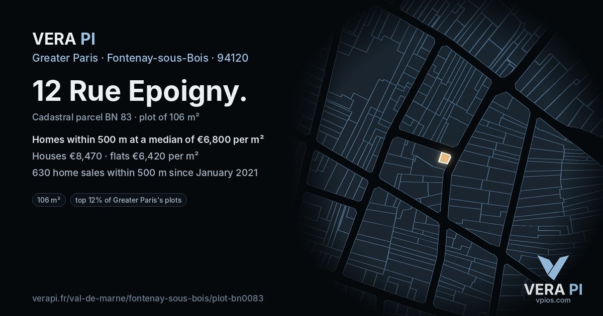 12 Rue Epoigny, Fontenay-sous-Bois at night – the plot lit, the parcels around coloured by the prices near them