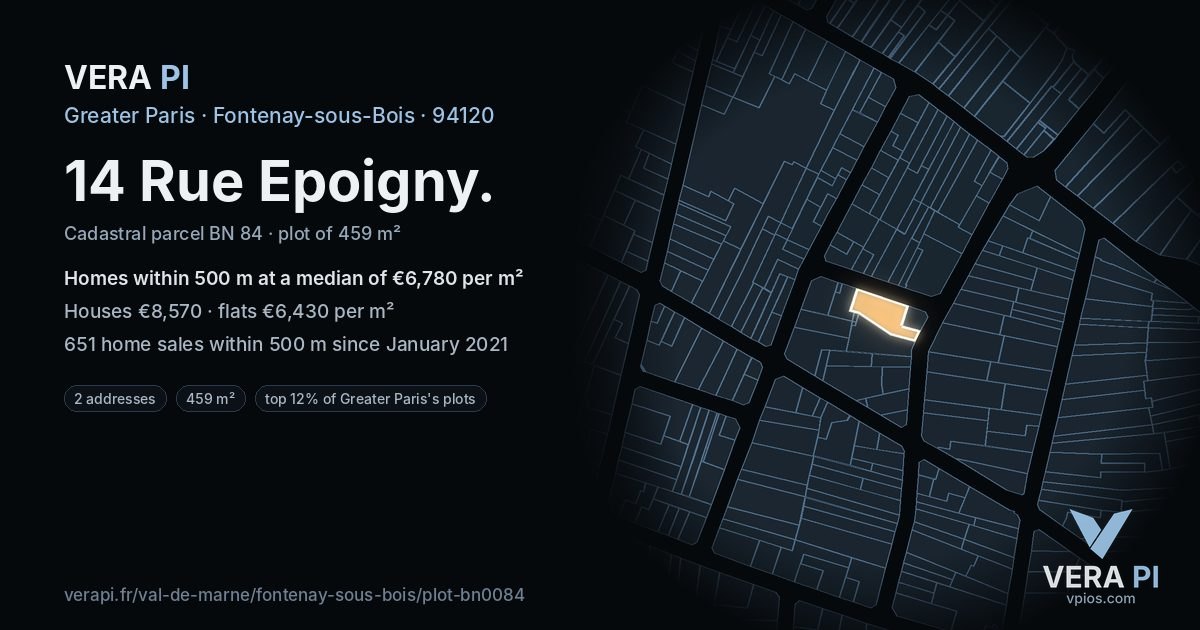 14 Rue Epoigny, Fontenay-sous-Bois at night – the plot lit, the parcels around coloured by the prices near them
