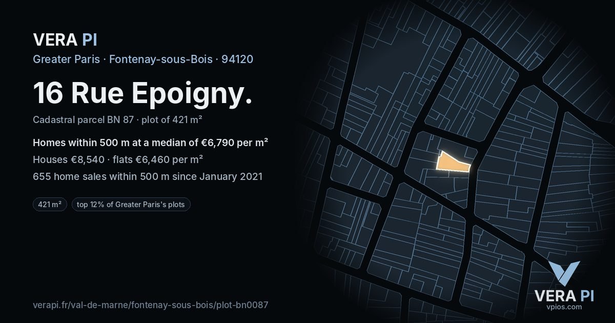 16 Rue Epoigny, Fontenay-sous-Bois at night – the plot lit, the parcels around coloured by the prices near them