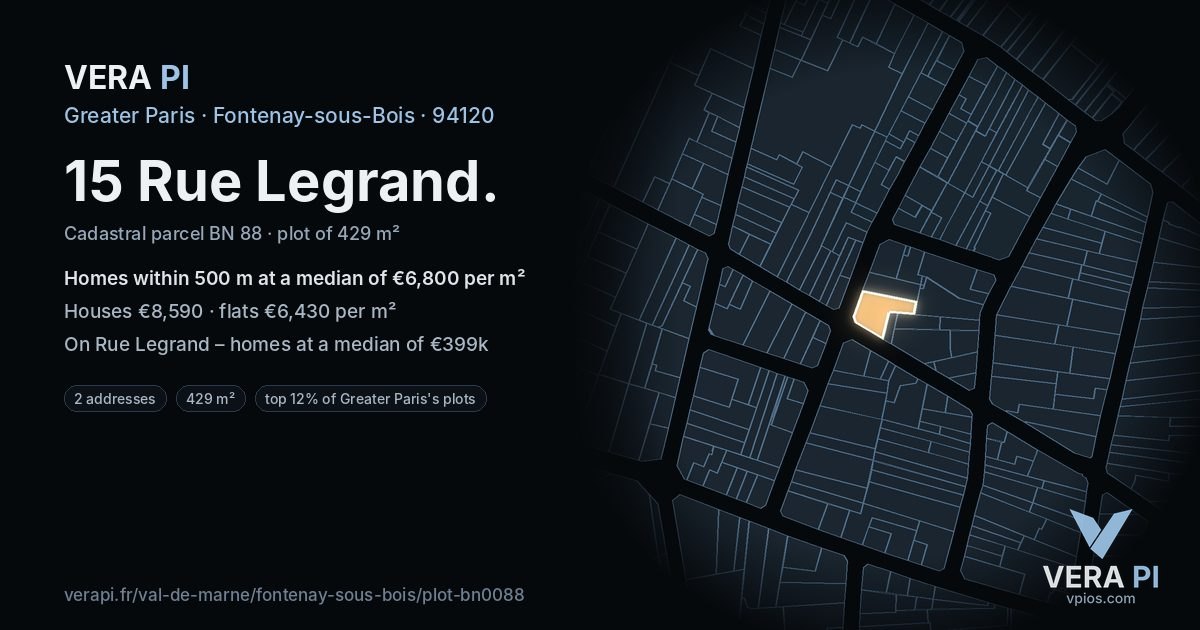15 Rue Legrand, Fontenay-sous-Bois at night – the plot lit, the parcels around coloured by the prices near them
