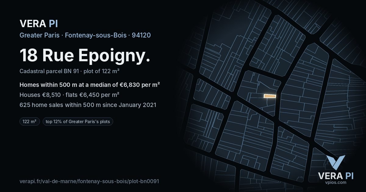 18 Rue Epoigny, Fontenay-sous-Bois at night – the plot lit, the parcels around coloured by the prices near them