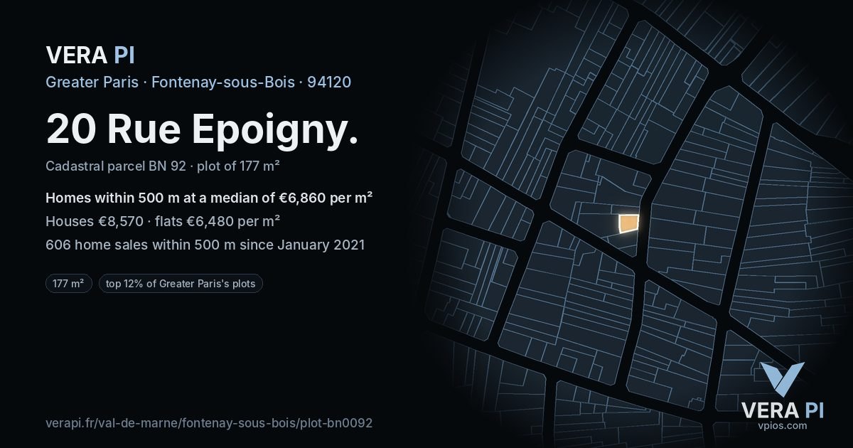 20 Rue Epoigny, Fontenay-sous-Bois at night – the plot lit, the parcels around coloured by the prices near them