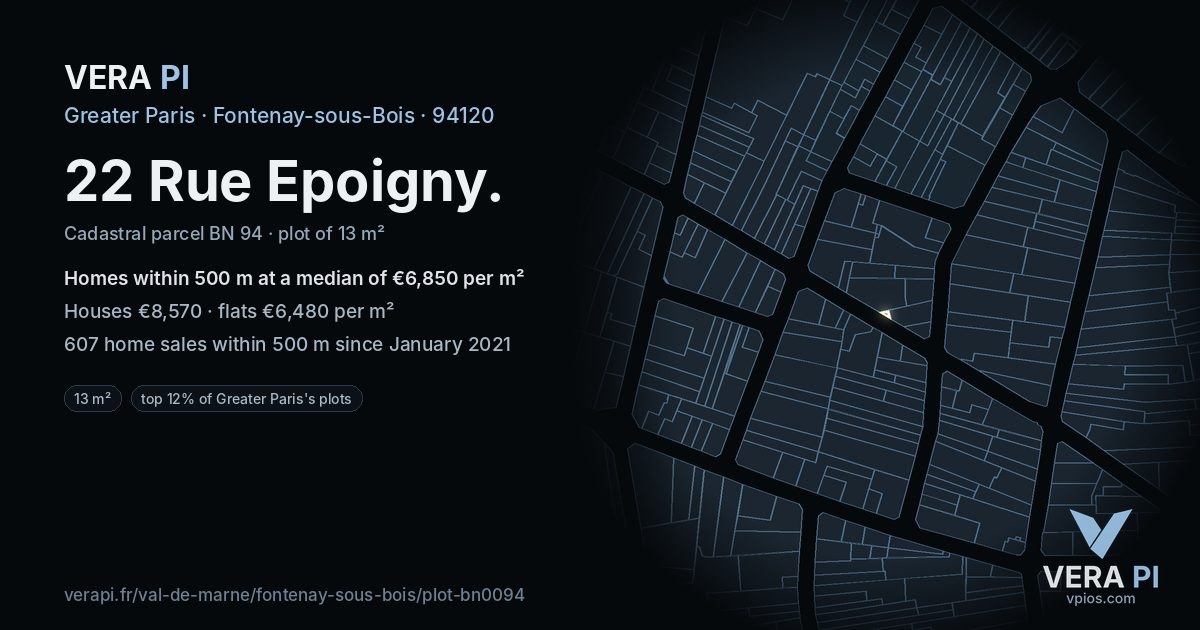 22 Rue Epoigny, Fontenay-sous-Bois at night – the plot lit, the parcels around coloured by the prices near them