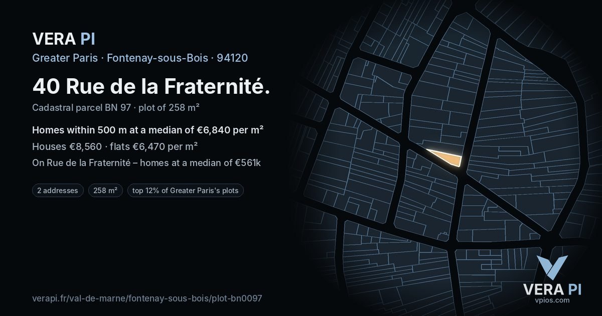 40 Rue de la Fraternité, Fontenay-sous-Bois at night – the plot lit, the parcels around coloured by the prices near them