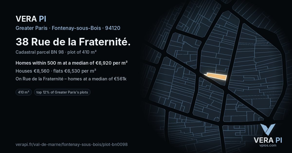 38 Rue de la Fraternité, Fontenay-sous-Bois at night – the plot lit, the parcels around coloured by the prices near them