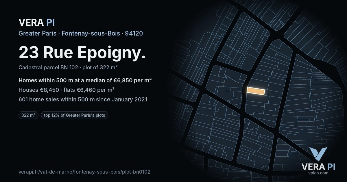 23 Rue Epoigny, Fontenay-sous-Bois at night – the plot lit, the parcels around coloured by the prices near them